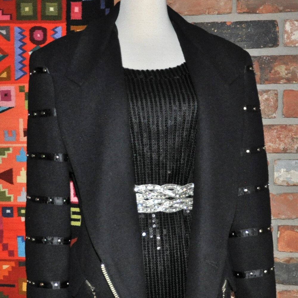 PARASUCO BLACK Wool Tailoreded Fitted CAR Coat Jacket Studded sleeves Zip-up Lrg